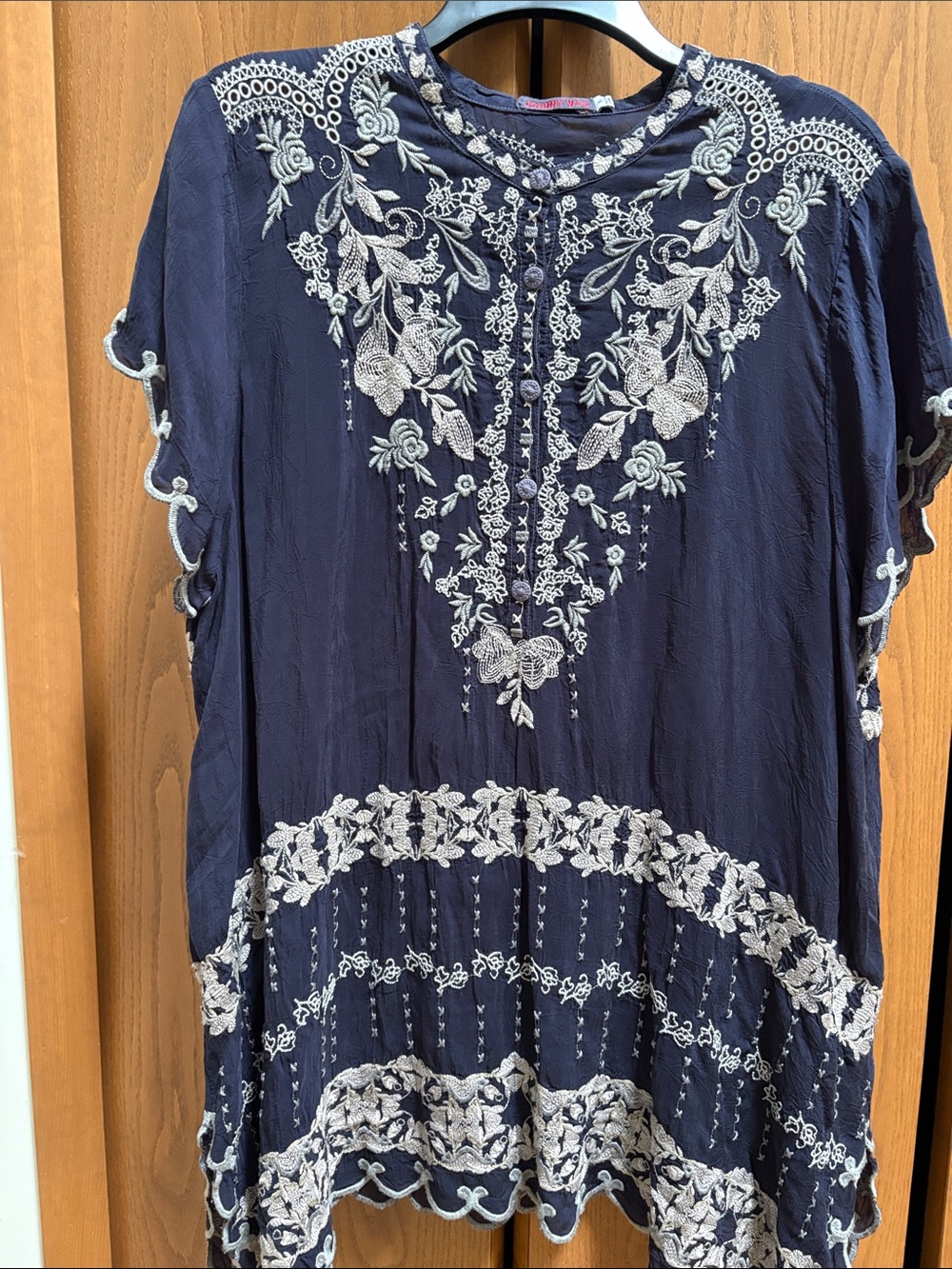 Johnny Was Navy Tunic with Cream Floral Embroidery